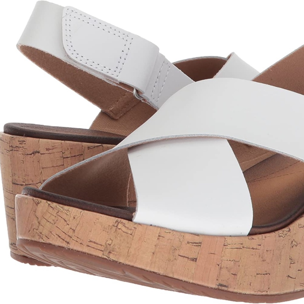 Clarks Stasha Hale White Leather Cork Wedge Sandal Slingback Sz 6.5 Wide w/Box